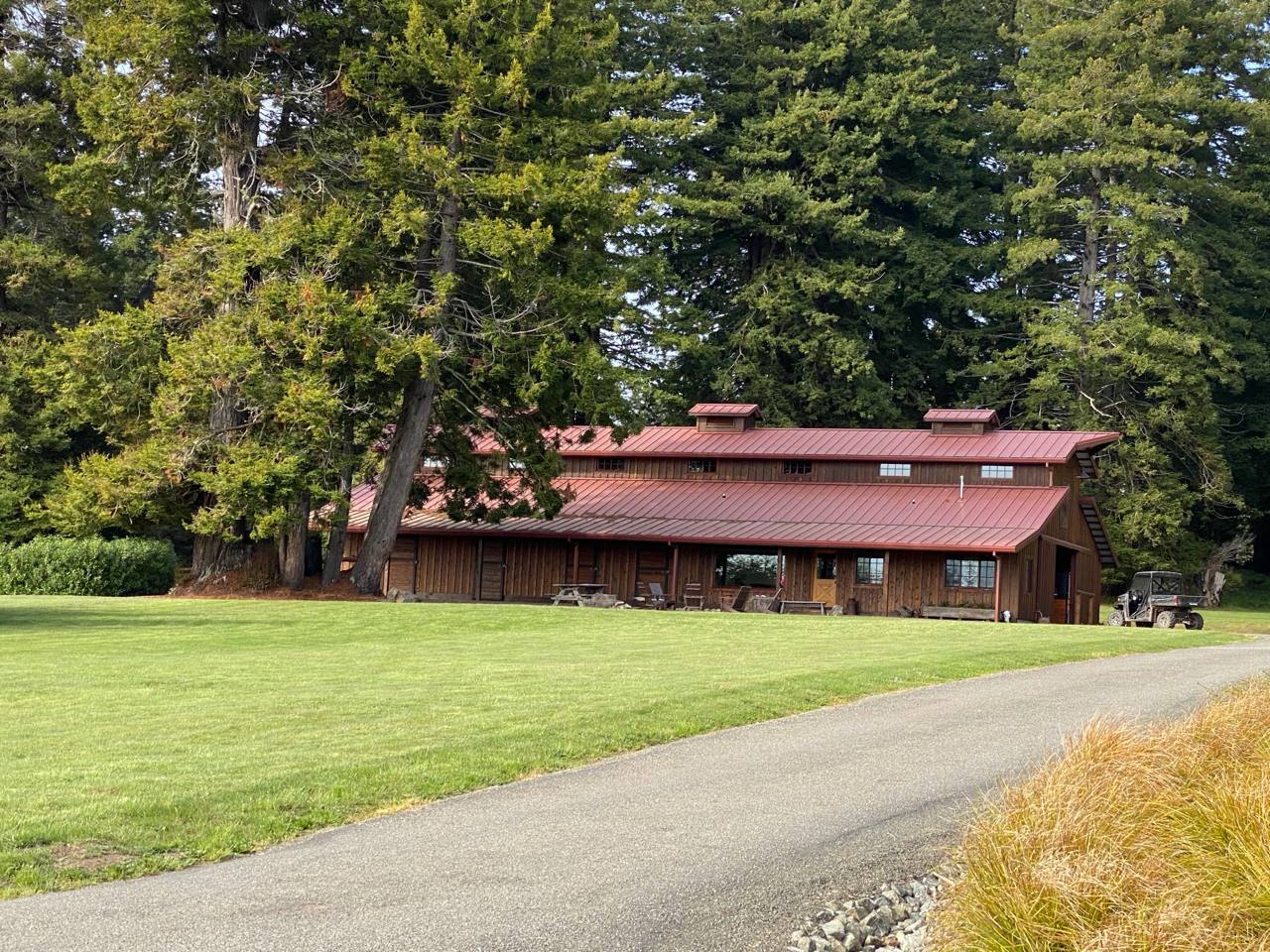 Albion CA — 400 acre automated ranch, timber lodge, red metal roof, manicured grounds