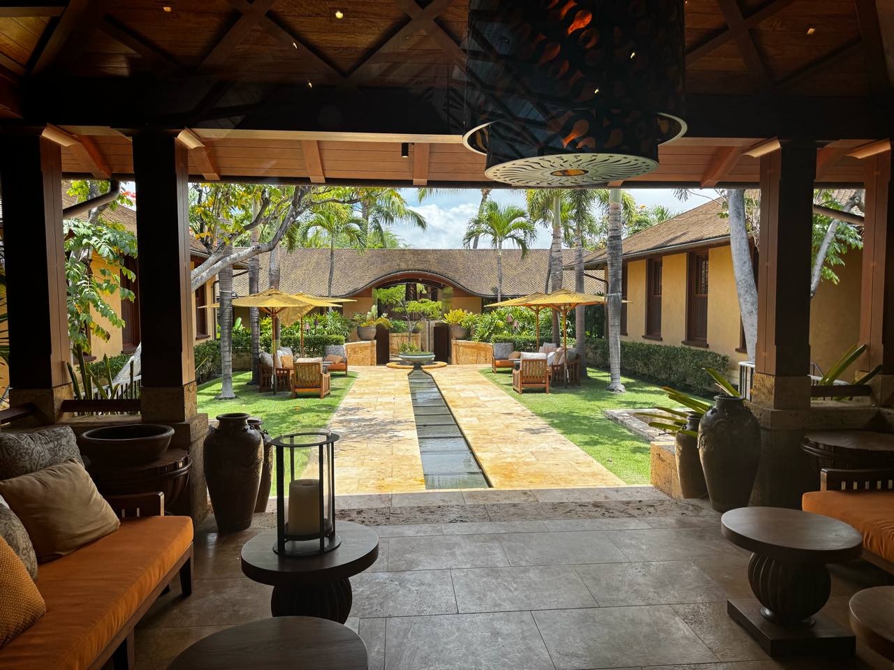 Tropical courtyard — water feature, pavilion, Balinese luxury